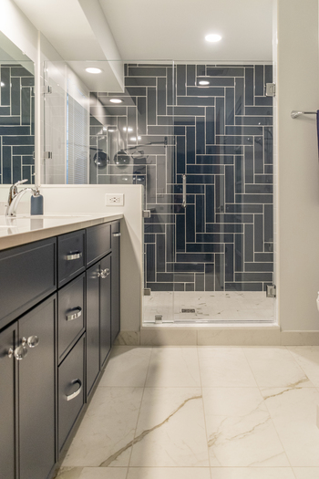 Farmington Hills Bathroom Remodel with blue tile shower walls