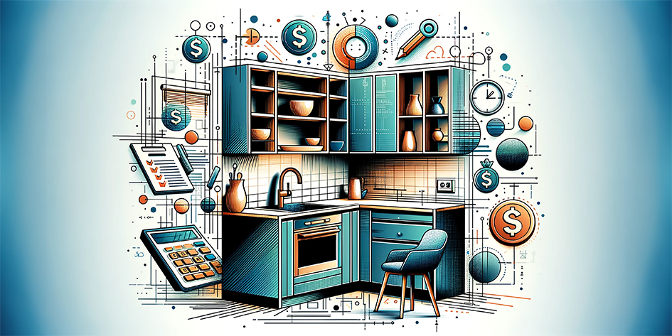 Stylized graphic of kitchen remodeling costs with illustrations of cabinetry, a calculator, and financial icons like dollar signs and pie charts, highlighting budget planning for a kitchen redesign
