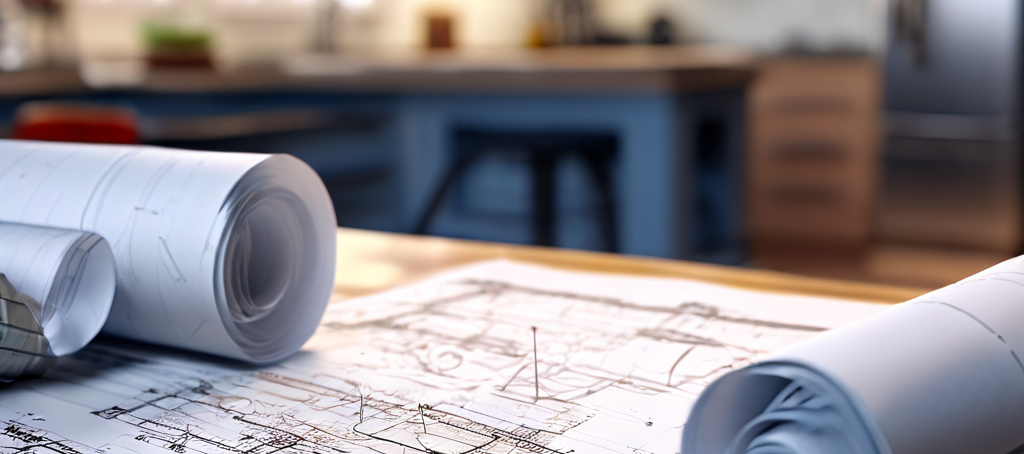 Architectural blueprints for a home remodeling project laid out on a kitchen countertop, symbolizing the detailed planning behind enhancing home value through strategic renovations.